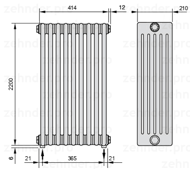 Схема (чертеж) Радиатор Zehnder Charleston 6220/9 №3570 Белый глянцевый RAL 9016